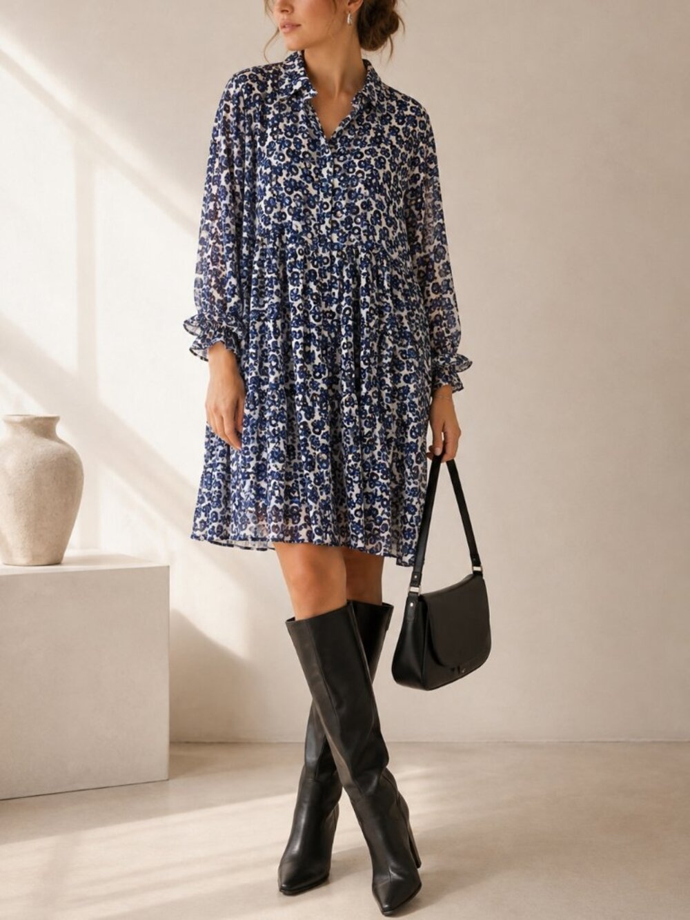 MUNTHE Blue White Floral Ruffle Shirt Dress EU 40 US 10